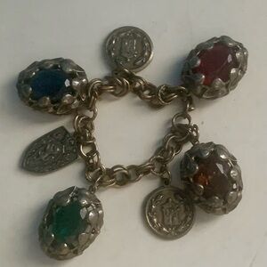 VTG Antique Silver Coin Multi Color Stones Charm Bracelet Unique